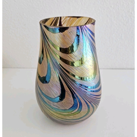 Teleflora Other - Teleflora Swirl Iridescent Blue Green Purple Gold Vase Modern Art Glass 7"